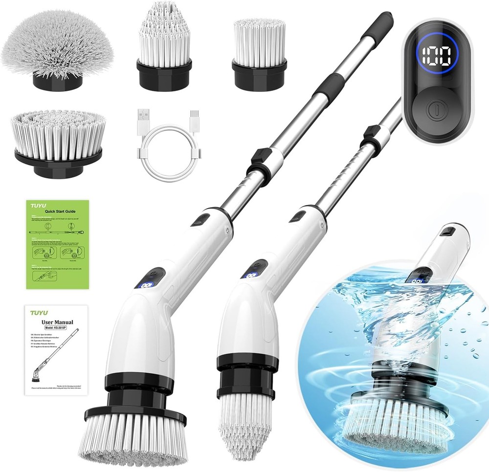 TUYU Electric Spin Scrubber Cordless Shower Cleaner Brush LCD IPX7 Adjustable