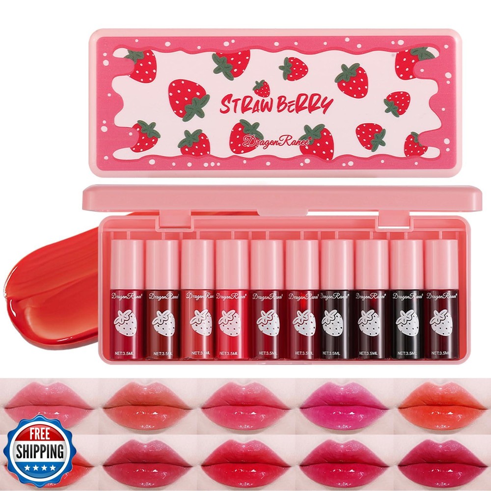 10 Colors Lip Tint Stain Set, Korean Moisturizing Lip Gloss Velvet Mini Liqui