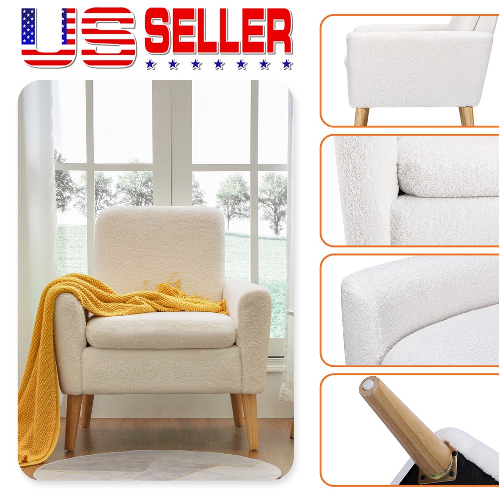 Sherpa Accent Chair White Teddy Fabric Comfy Armchair for Bedroom Living Room