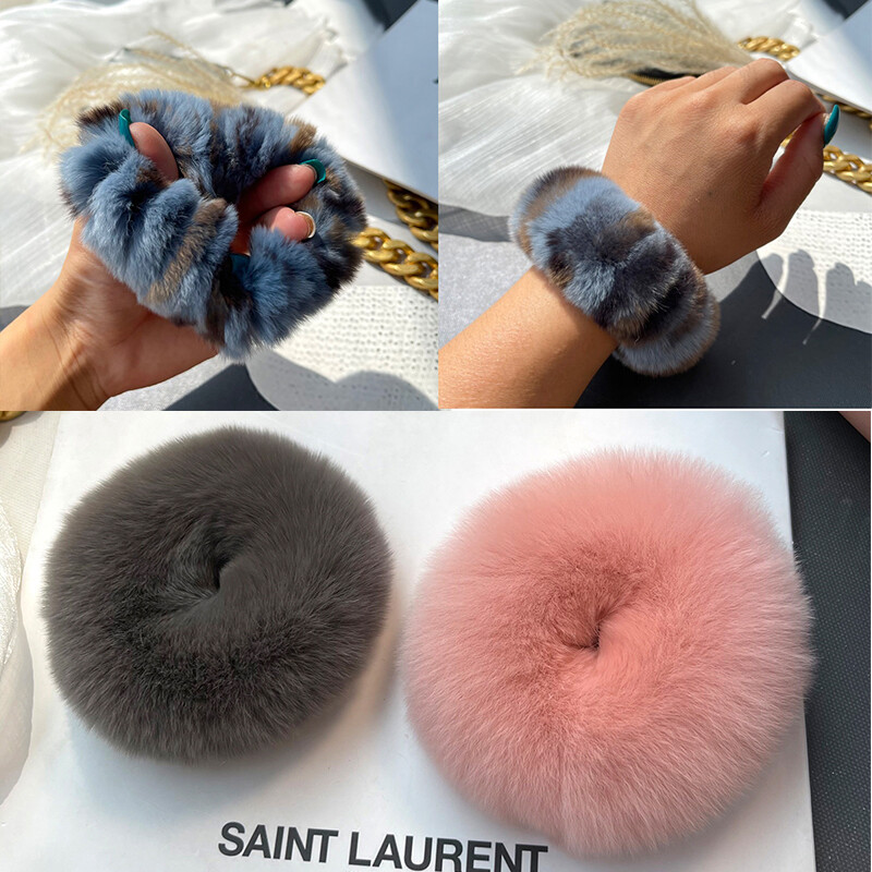Real Rex Rabbit Fur Fluffy Scrunchies Soft Warm Winter Hair Rope Handmade