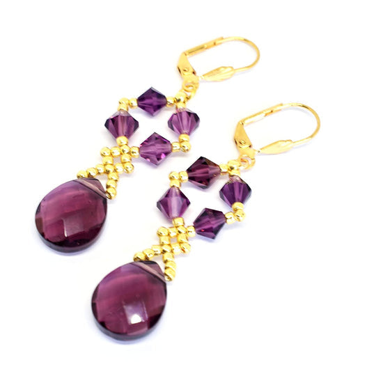 Genuine Austrian Crystal Amethyst Gold Teardrop Dangle Earrings