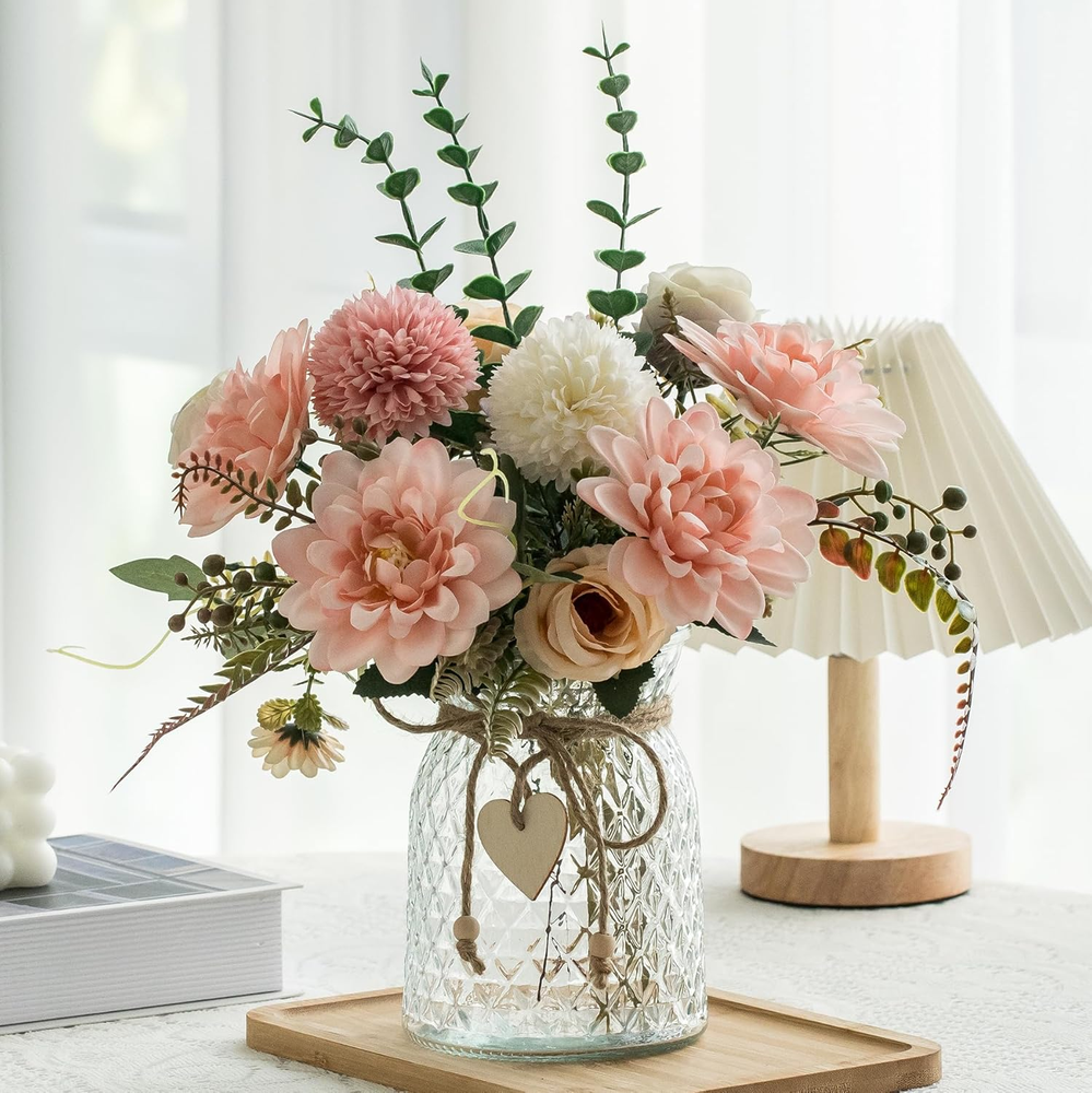 Silk Pink Dahlia Fake Flowers in Vase for Home and Office Decor