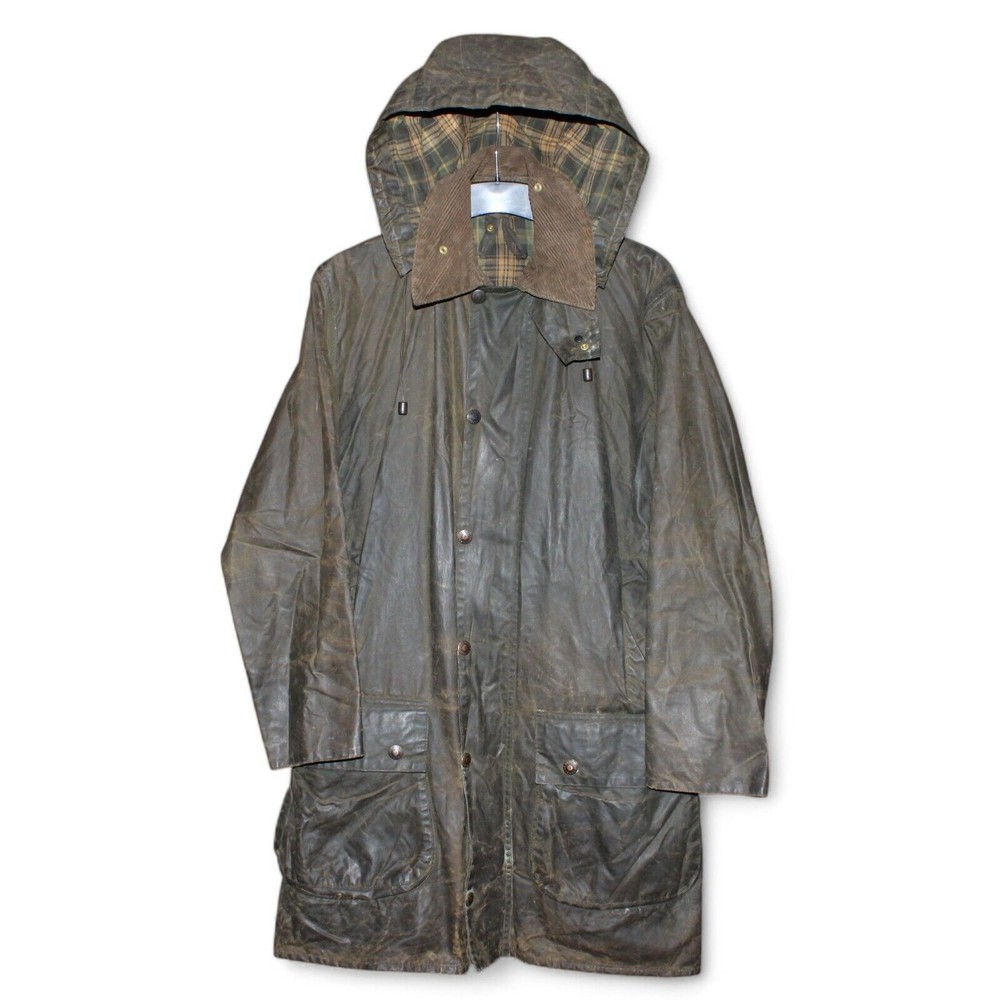 1986 Vintage Barbour Border Waxed Jacket Hooded Olive Brown Mens Medium A200 C36