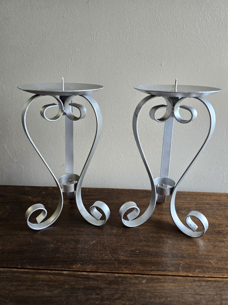 Set Of 2 Silver Pillar Free Standing Candle Holders Shabby Chic Country Cottage