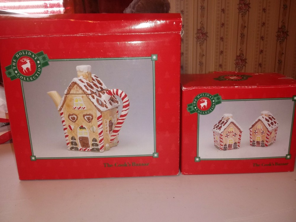 Gingerbread House Teapot Salt and Pepper Set with Candy Cane Design