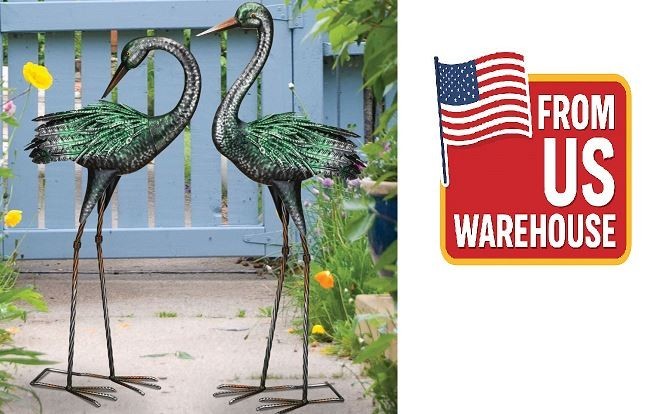 Crane Dance Outdoor Garden Sculpture Green Set of 2 Elegant Bird Statues
