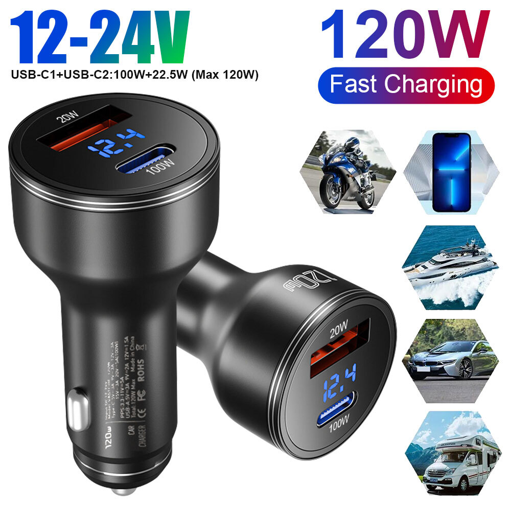 12V-24V Dual Port Fast Car Charger with QC3.0 & PD USB-C for Boats RVs
