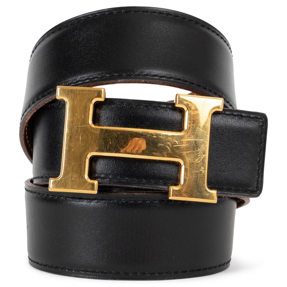 71995 auth HERMES black & gold leather REVERSIBLE 32MM H Buckle Belt 80