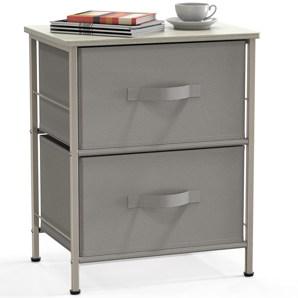 2 Tier Grey Nightstand Dresser with Drawers for Bedroom Storage