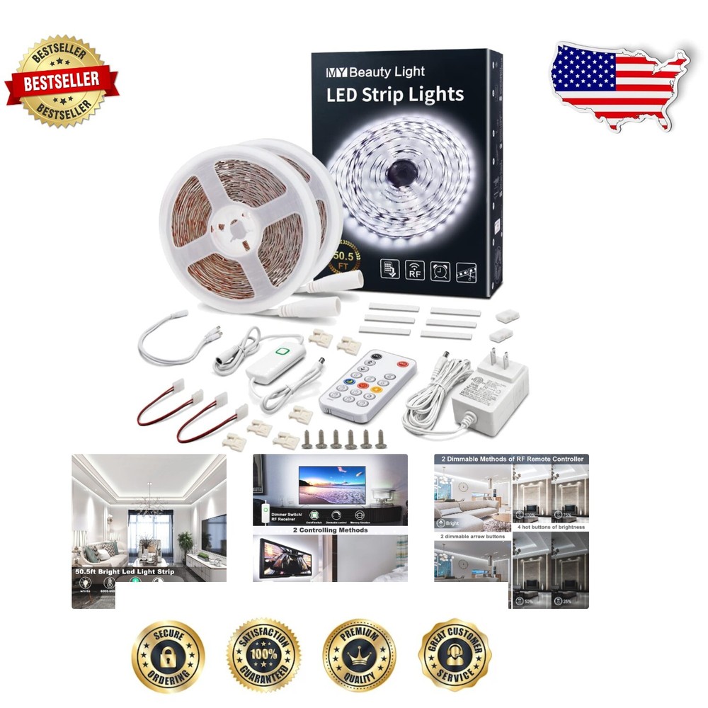 50.5ft Smart LED Strip Lights with RF Remote & Dimmable Brightness for Indoor Use