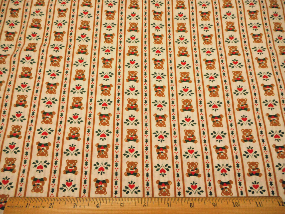 Christmas Fabric SALE By Yard Bears Holly Hearts White Stripe Cotton #13 Vtg #C-image