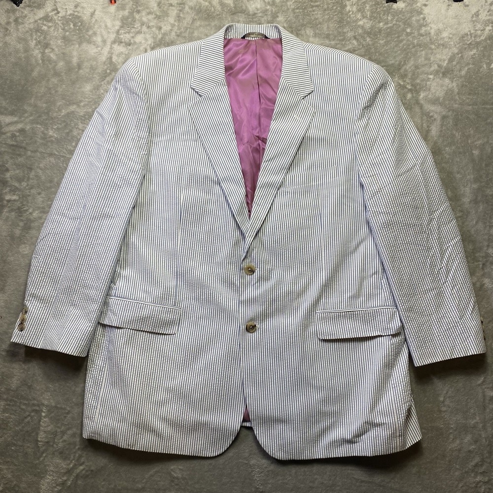 MENS ALAN FLUSSER BLUE WHITE COTTON SEERSUCKER SPORT JACKET BLAZER SIZE 48R