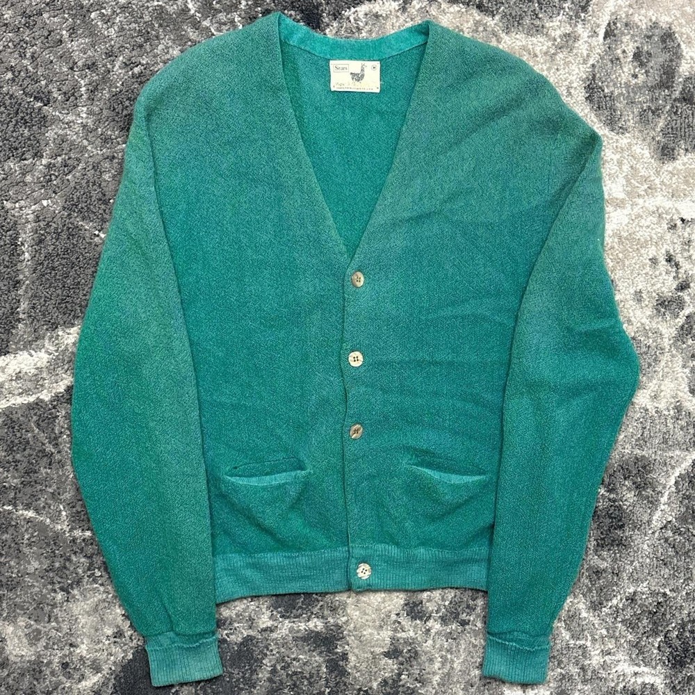 Vintage Sears Roebuck Alpaca Wool Sweater Cardigan Mens Medium 60s 70s Green