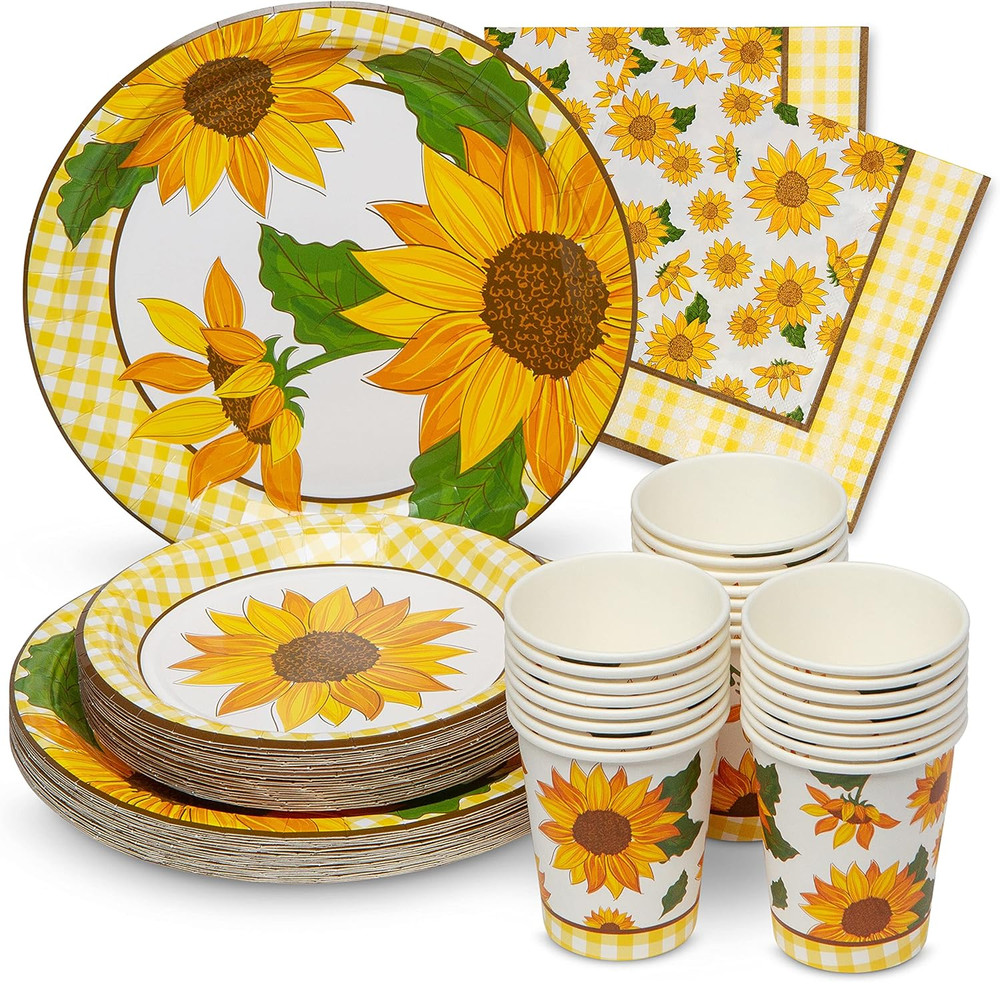 Sunflower Party Supplies - Set of 24, 9'' Dinner Plates, 7'' Salad/Dessert Plate