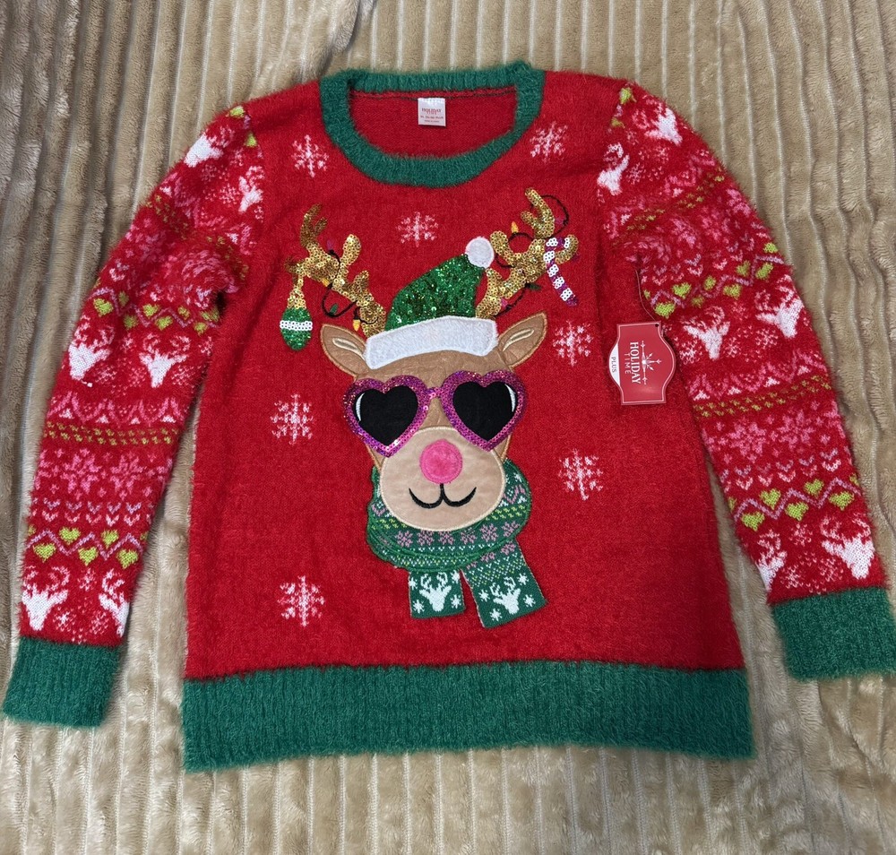 NWT Ugly Christmas sweater Reindeer Sunglass Santa Hat Red Green Sequins 14 16 +