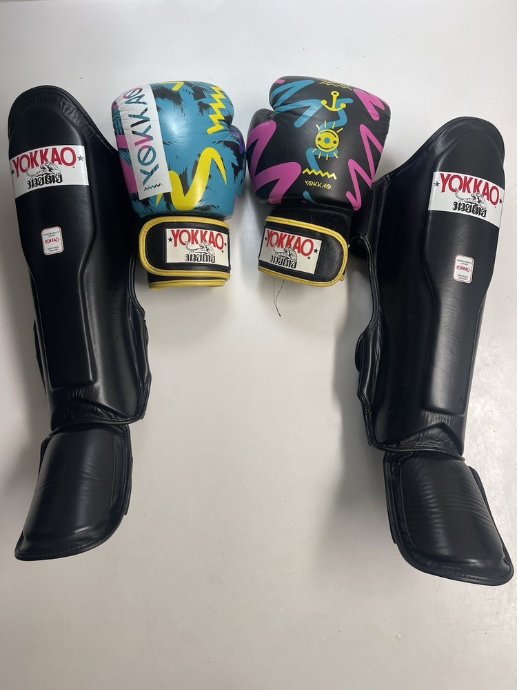 Yokkao Muay Thai Gloves 14 Oz And Black Shin Guards Large