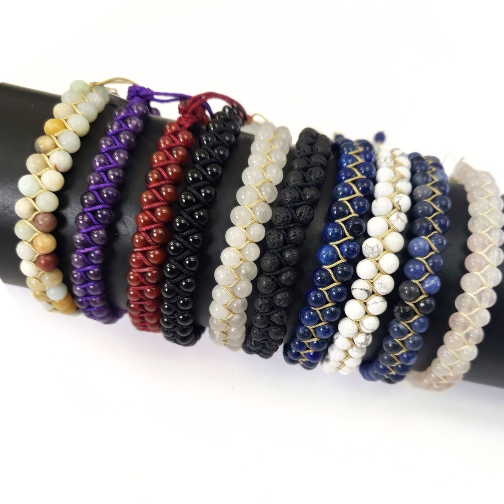 Gemstone Macrame Bracelet Braided Knot Thread Double Layer Beaded Adjustable