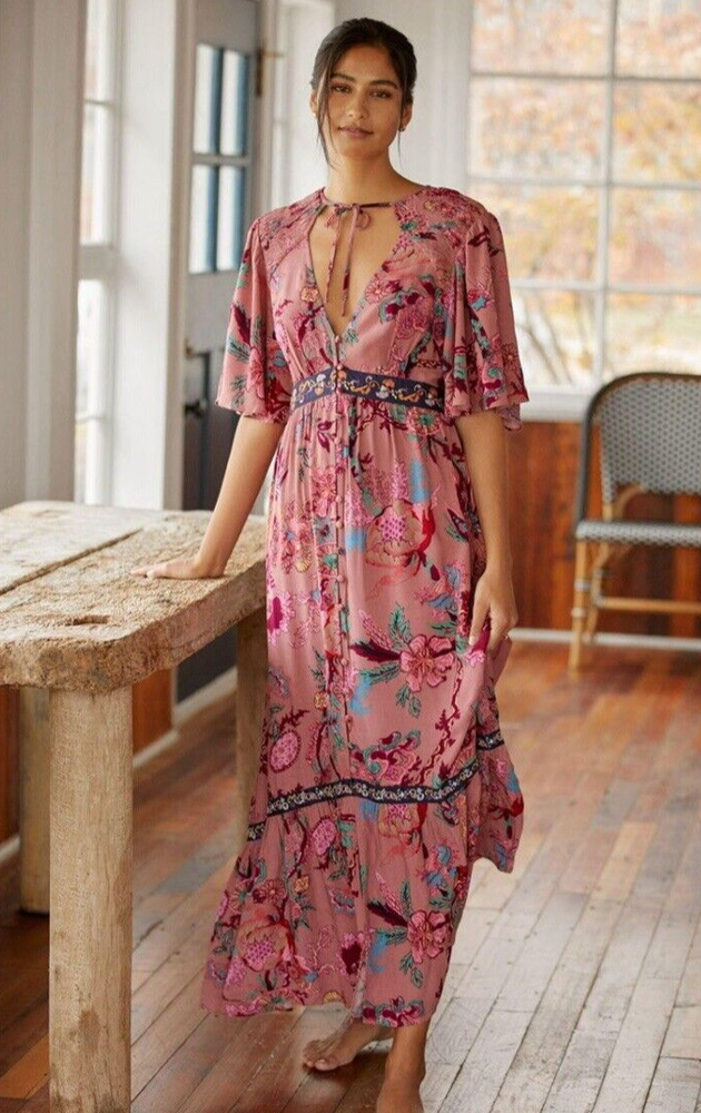 Anthropologie Womens Ruffled Embroidered Maxi Dress Size XS Cottagecore Pink