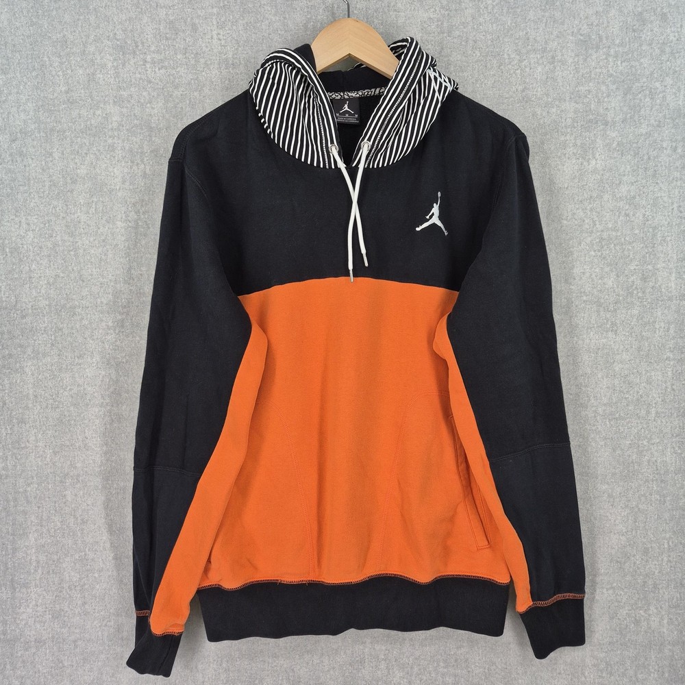 Air Jordan Hoodie Mens Medium Black Orange Jumpman Stripe Hood Logo Pullover