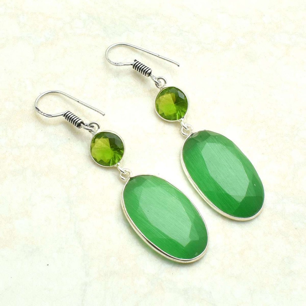 Cat Eye Peridot Handmade Drop Dangle Earrings Jewelry 2.16