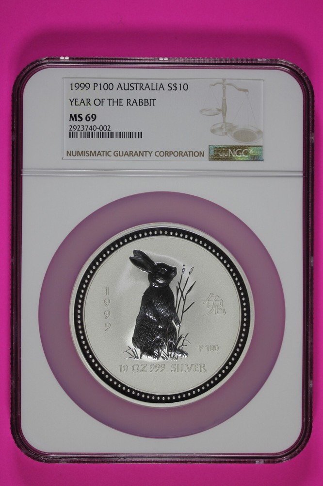 1999 Australia Year of the Rabbit 10 oz Silver MS69 NGC .999 Fine Slab 7021