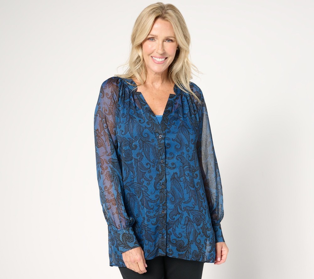 Susan Graver Women's Top Sz M Printed Woven Blouse With Lurex & Knit Blue