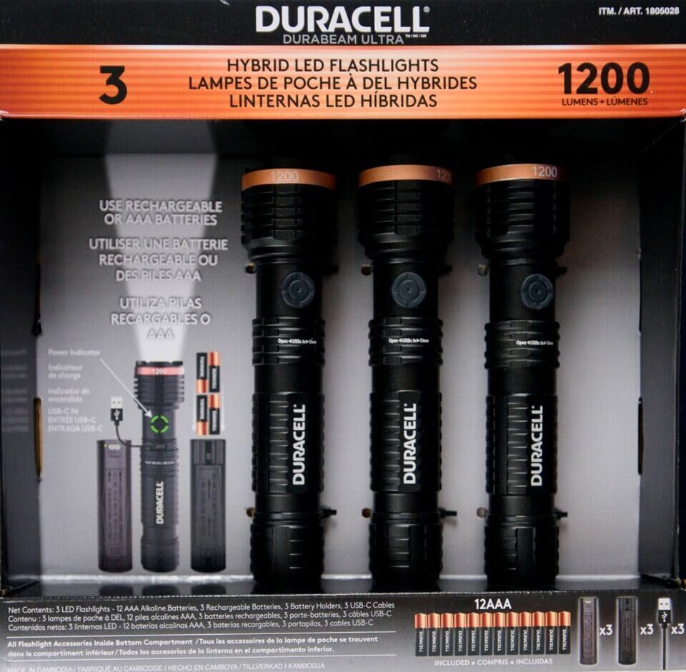 Duracell Durabeam Ultra Hybrid LED Flashlight Set - 3 Pack, 1200 Lumens High Power