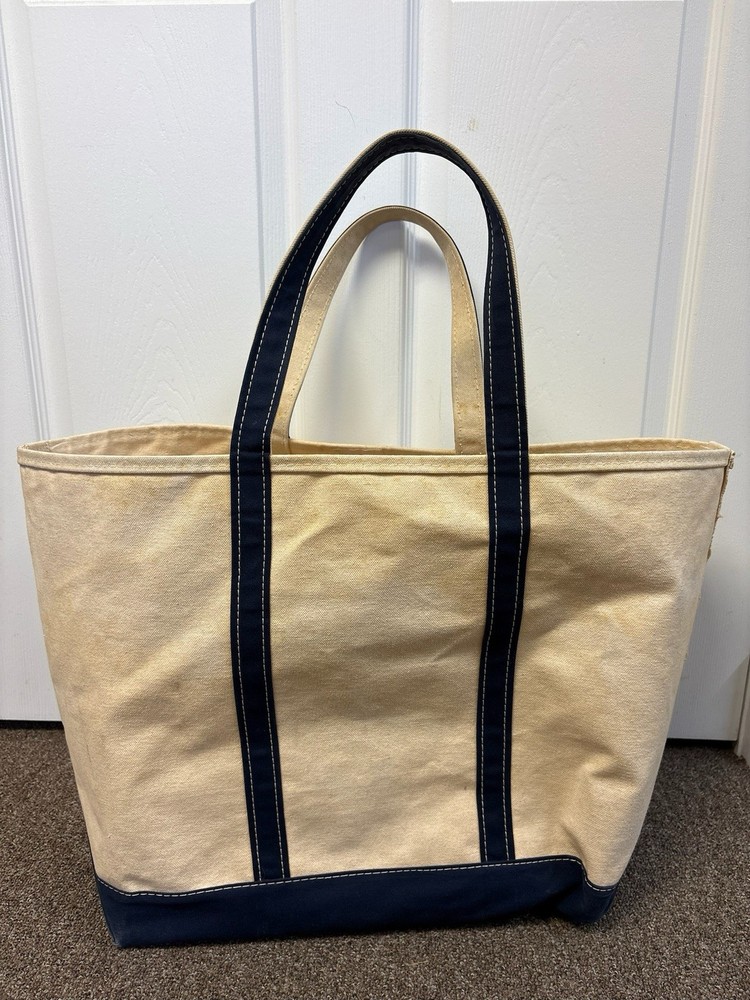 Vintage 80s LL Bean XL Navy Blue Stiff Canvas Boat & Tote Bag with Tag