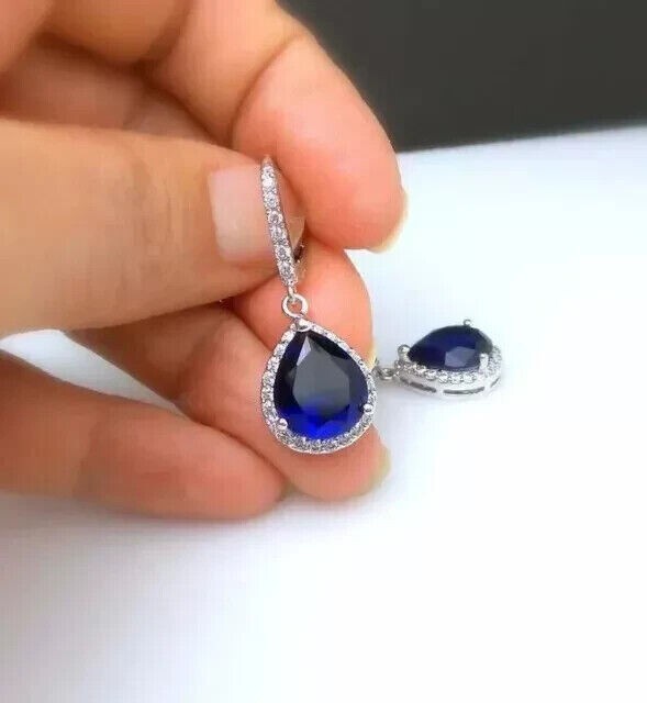 Women's Drop Dangle Earrings 2Ct Pear Simulated Sapphire 14k White Gold Plated