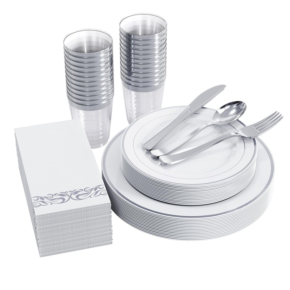 FOCUSLINE 175-Piece Silver Dinnerware Set for 25 Guests with White Plastic Plates