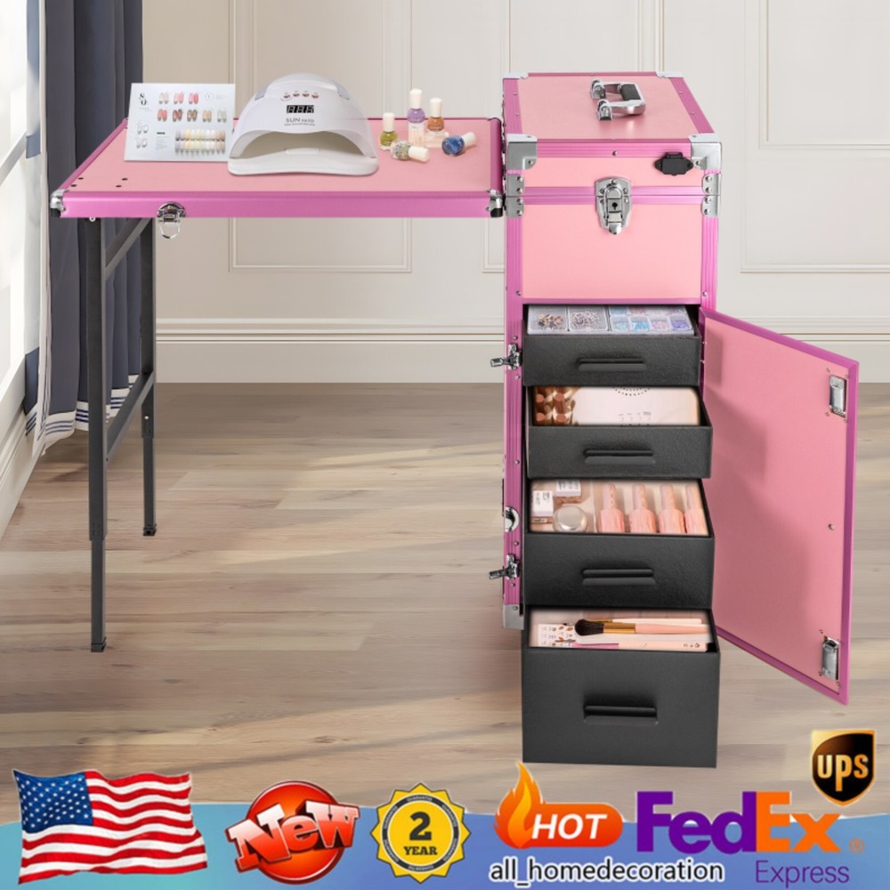 Rolling Manicure Table Nail Desk Travel Train Case Cosmetic Trolley & Speaker US