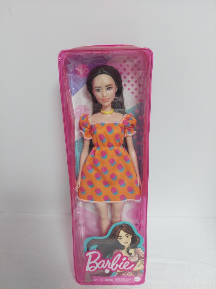 Brunette Barbie Fashionista with Orange Patterned Dress GRB52