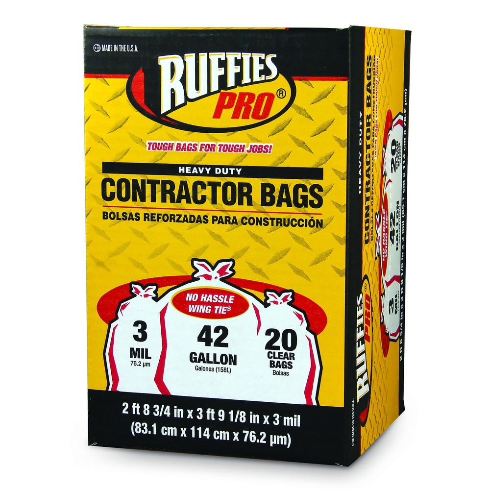 Ruffies Pro, 42 Gallon Contractor Trash Bag Wing Tie 20 ct clear, Capacity 42