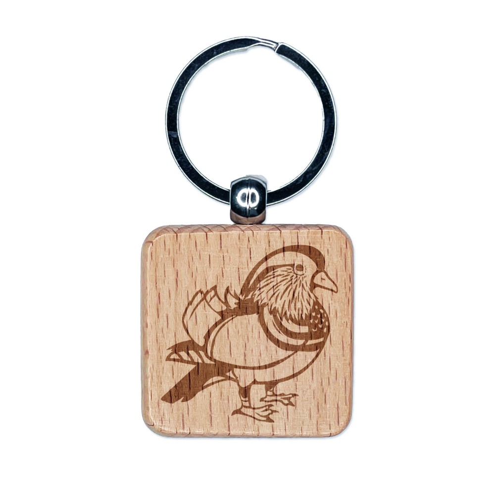 Majestic Mandarin Duck Engraved Wood Square Keychain Tag Charm