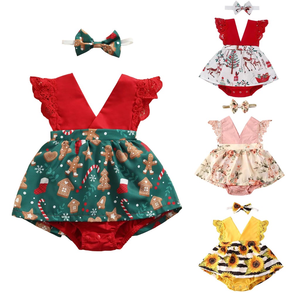 Newborn Baby Girls Christmas Romper Dress Headband Outfits Infant Lace Bodysuit