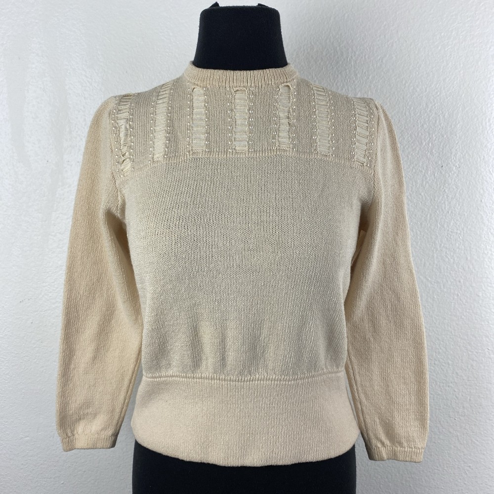 Vintage ST JOHN SAKS FIFTH AVENUE Sweater Pearls 1970s Top Size Small Cream