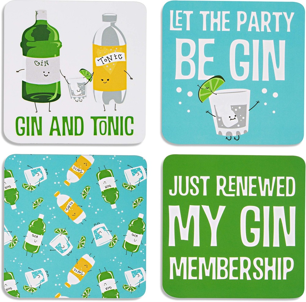 - Gin & Tonic - 4 Piece Sentiment, Pattern and Character Coaster Set with Box...