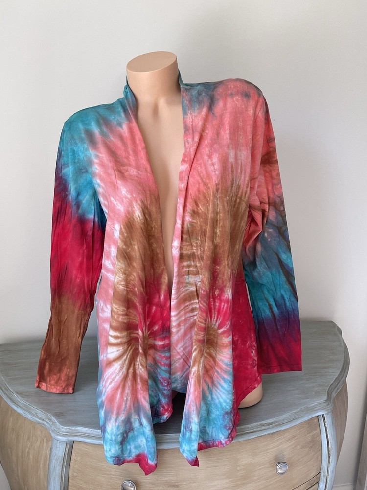 KIMI Boho Tie Dye L Open Front Duster Cardigan Shacket Ombre Jersey Knit