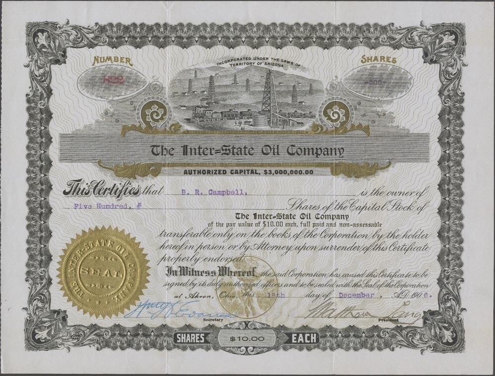 U.S., 1906. Arizona Stock Certificate, Inter-State Oil Co.