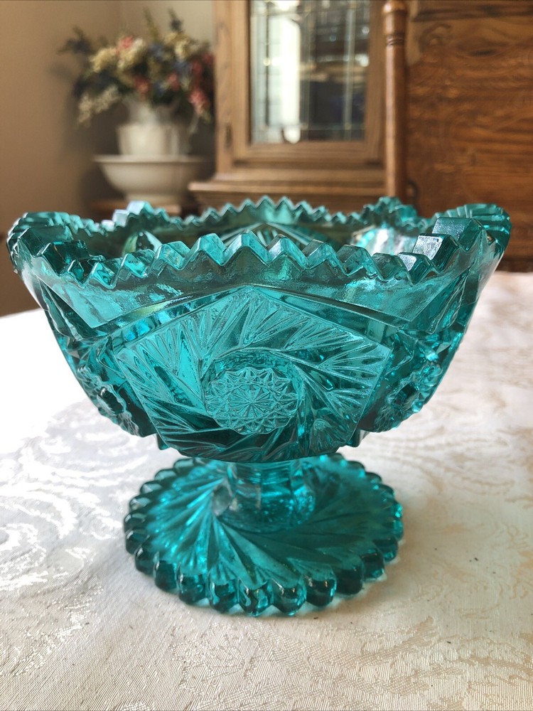 Vintage LE Smith Wood Blue Pedestal Compote with Sawtooth Base