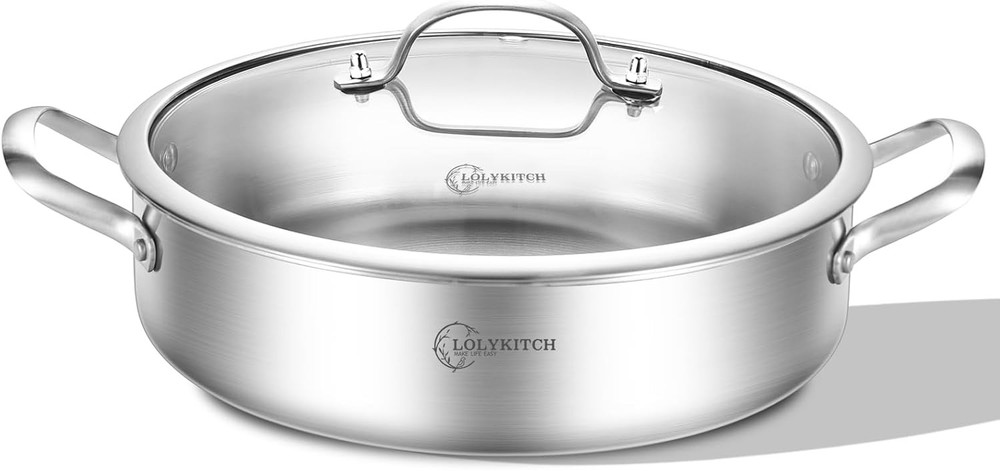 LOLYKITCH 7-Quart Tri-Ply Stainless Steel Sauté Pan with Lid, Silver  