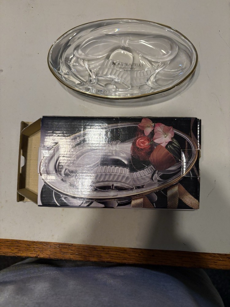 NOS 1980s HOME BEAUTIFUL Gold Glass Oval Candy Dish with Bells & Bow