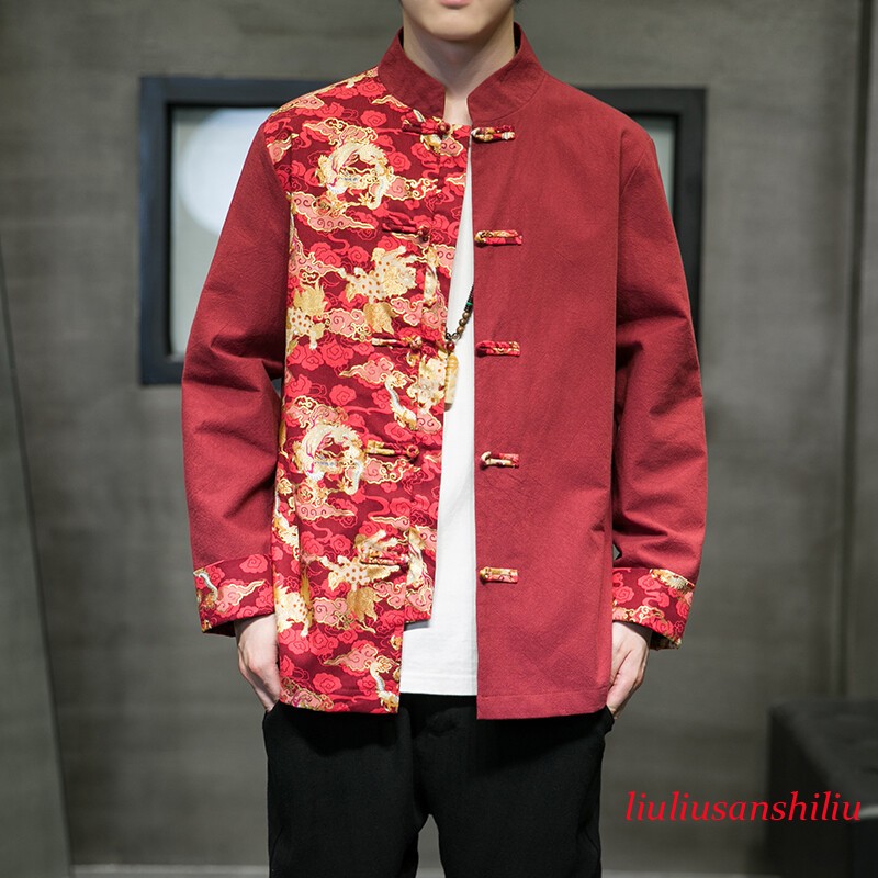 Men's Coat Chinese Style Retro Tang Suit Stand Collar Hanfu Long Sleeve Jacket