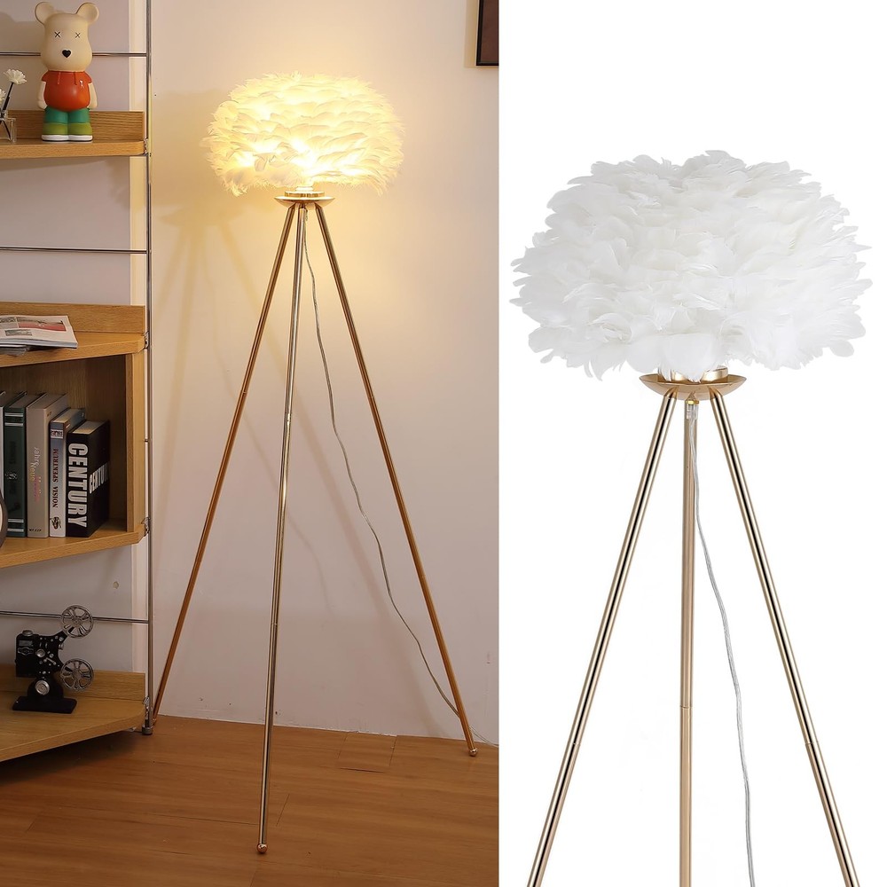 Modern Gold Tripod Floor Lamp with White Feather Shade for Elegant Home Decor