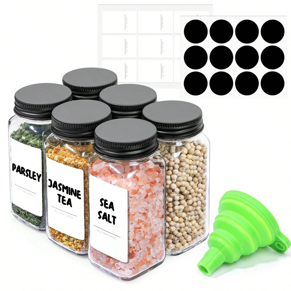 6Pcs 4oz Glass Spice Jars with Metal Lids and Shaker Tops - Includes 21 Labels for Kitchen Storage  