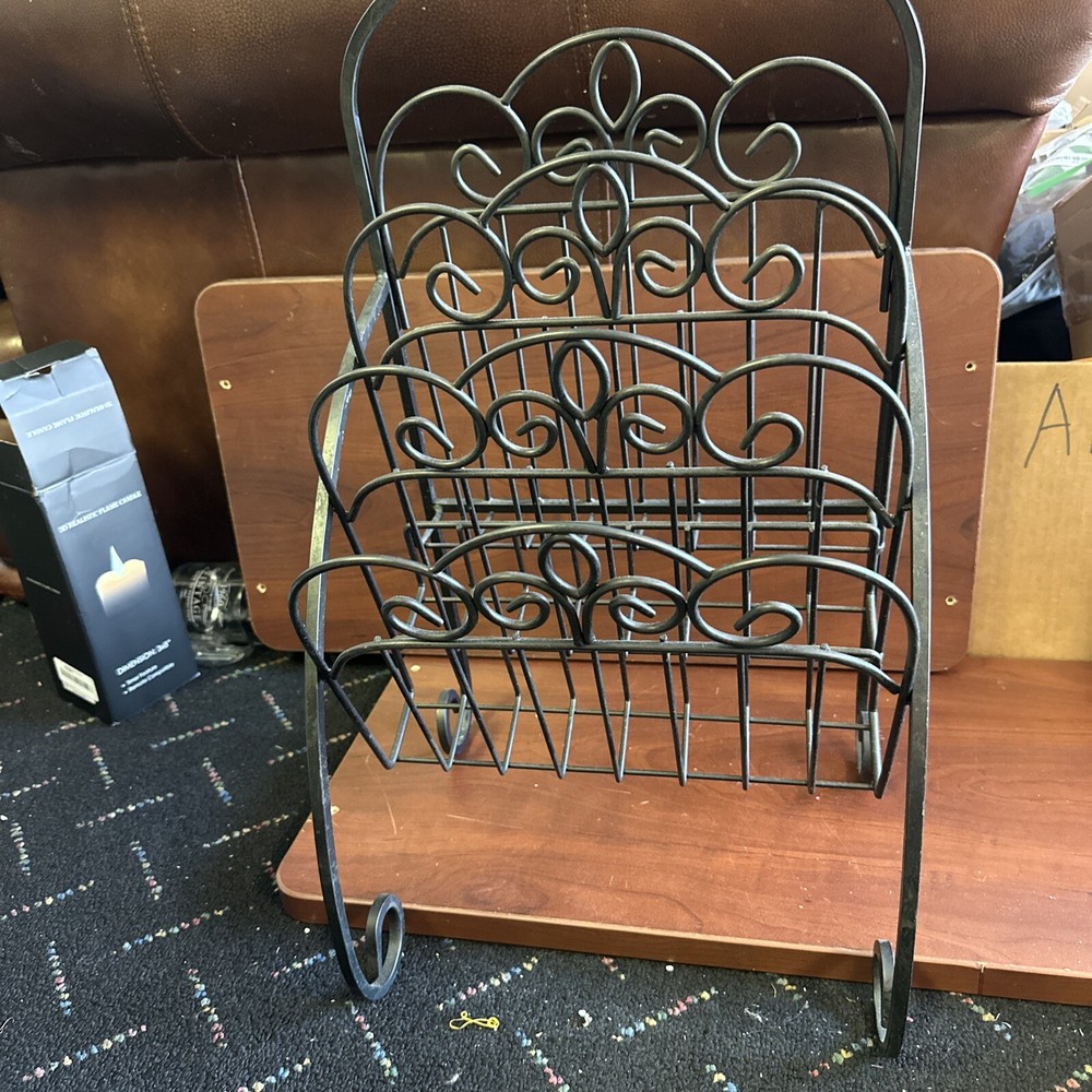 Vintage Wrought I Metal Magazine Rack Record Holder With French Scroll