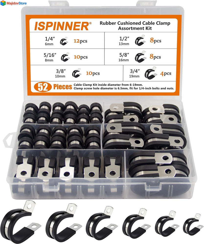 52pc Rubber Cushion Insulated Clamp Stainless Steel Cable Clamps Assortment Kit