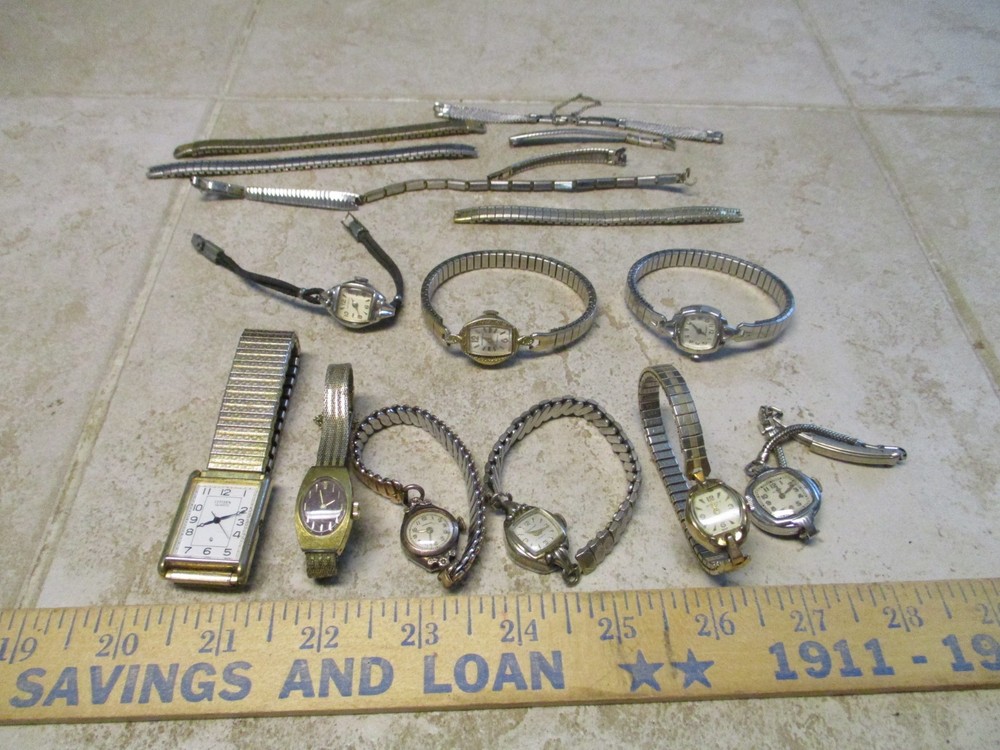 VTG Lot Watch Wind Up Parts Repair 17J Elgin Caravelle Benrus Bands Ladies L4
