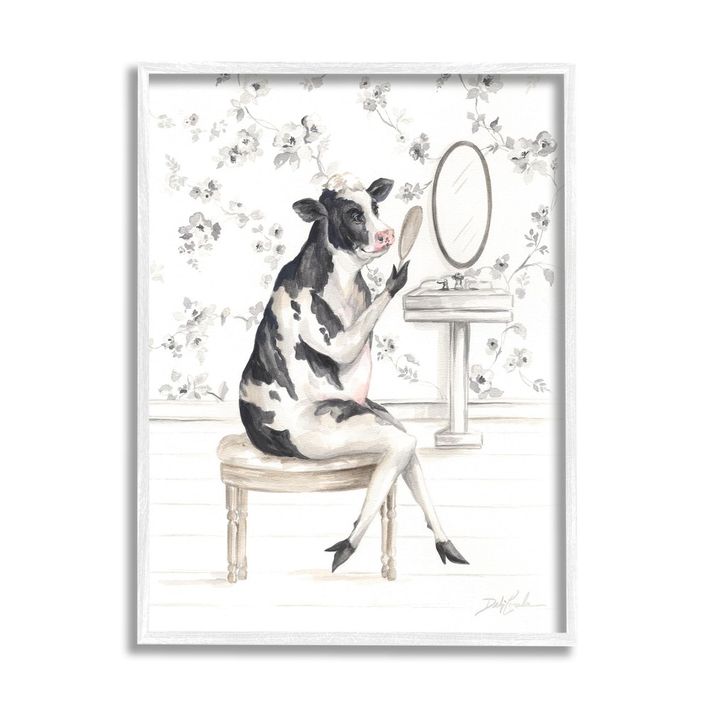 Chic Cow in Bathroom White Framed Giclee Art Design by Debi Coules