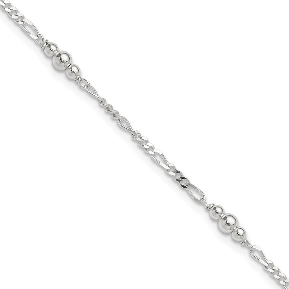 925 Silver Polished Bead Anklet 9in w/1in Extender 3.36g